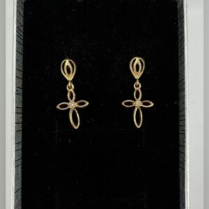 14K Yellow Gold Cross Drop Earrings CZ Diamond Accent 1.2g Real Gold New